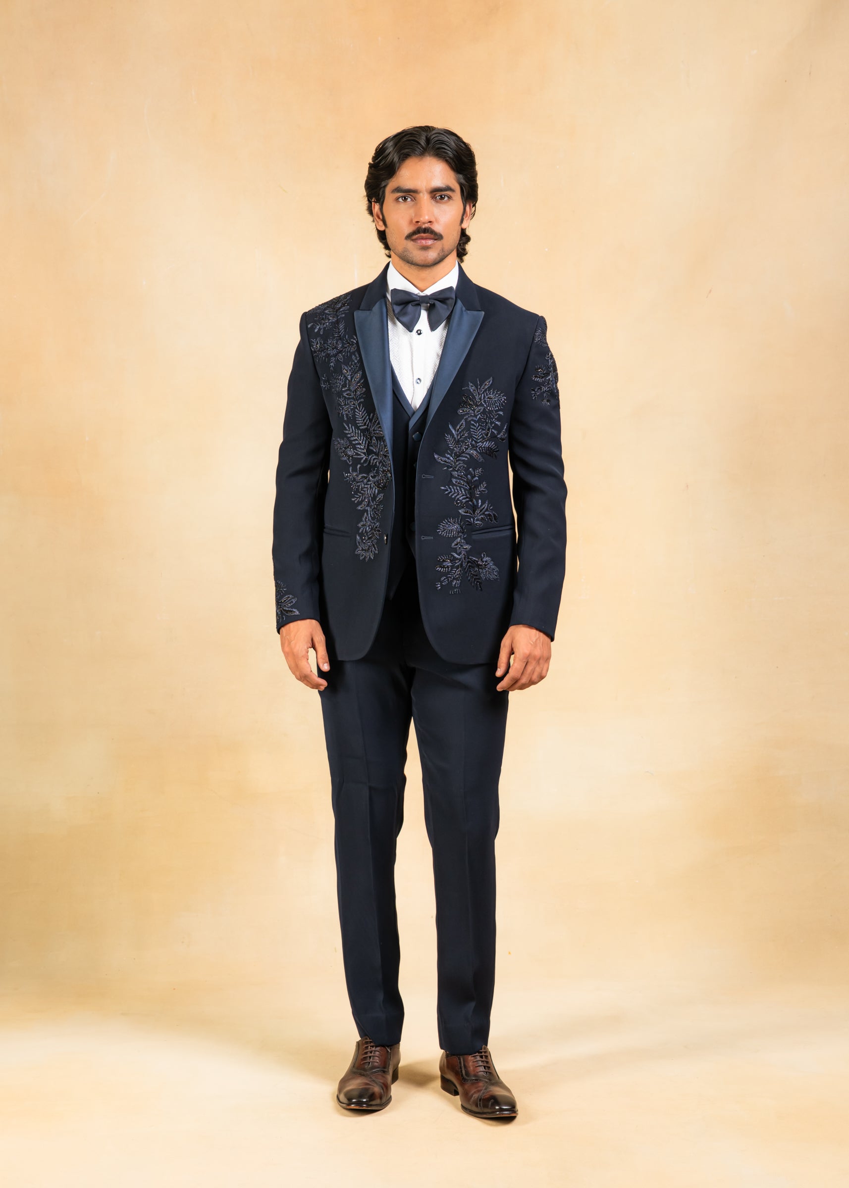 Navy blue hand embroidered tuxedo suit
