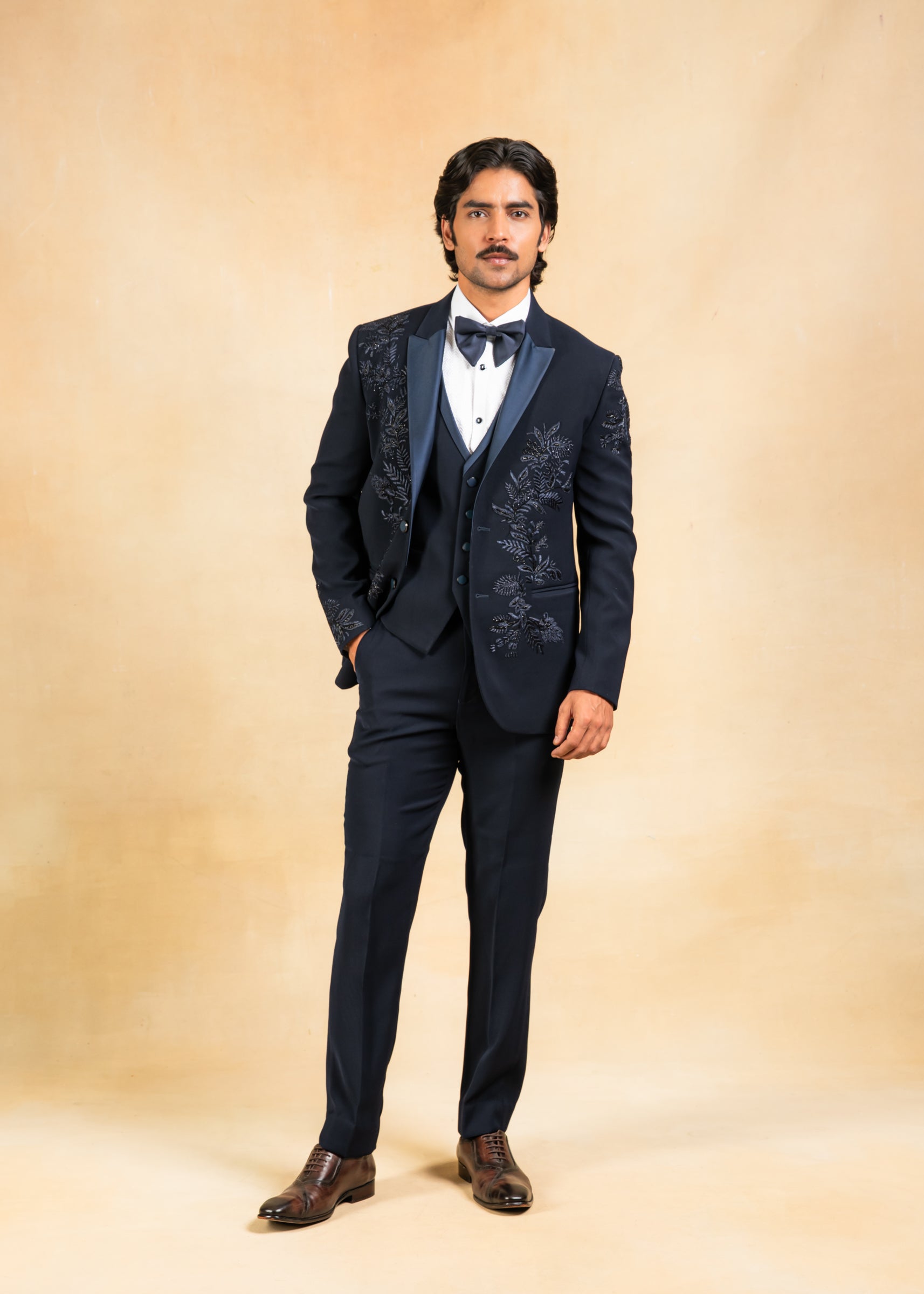 Navy blue hand embroidered tuxedo suit