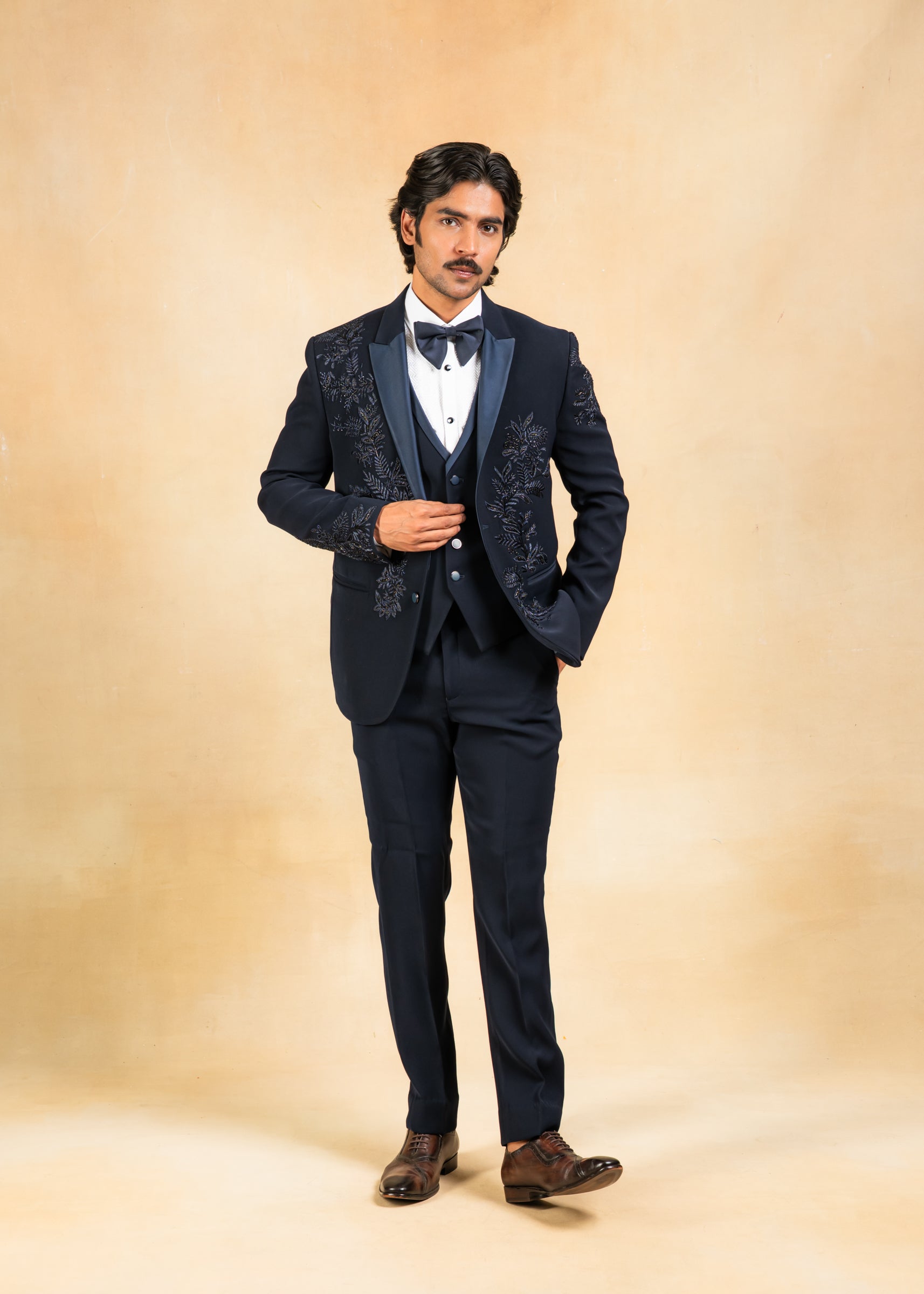 Navy Blue Hand Embroidered Tuxedo Suit Bonsoir