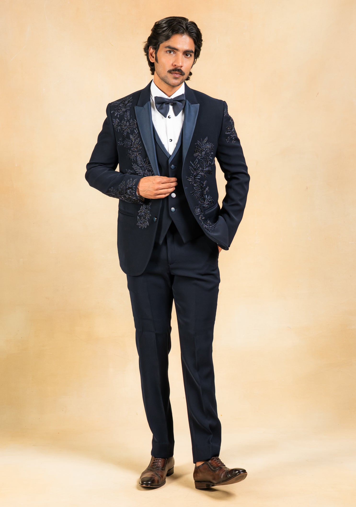 Navy blue hand embroidered tuxedo suit