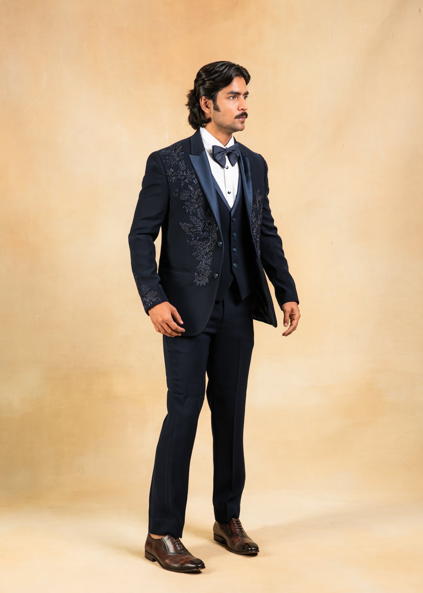 Navy blue hand embroidered tuxedo suit