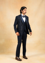 Navy blue hand embroidered tuxedo suit