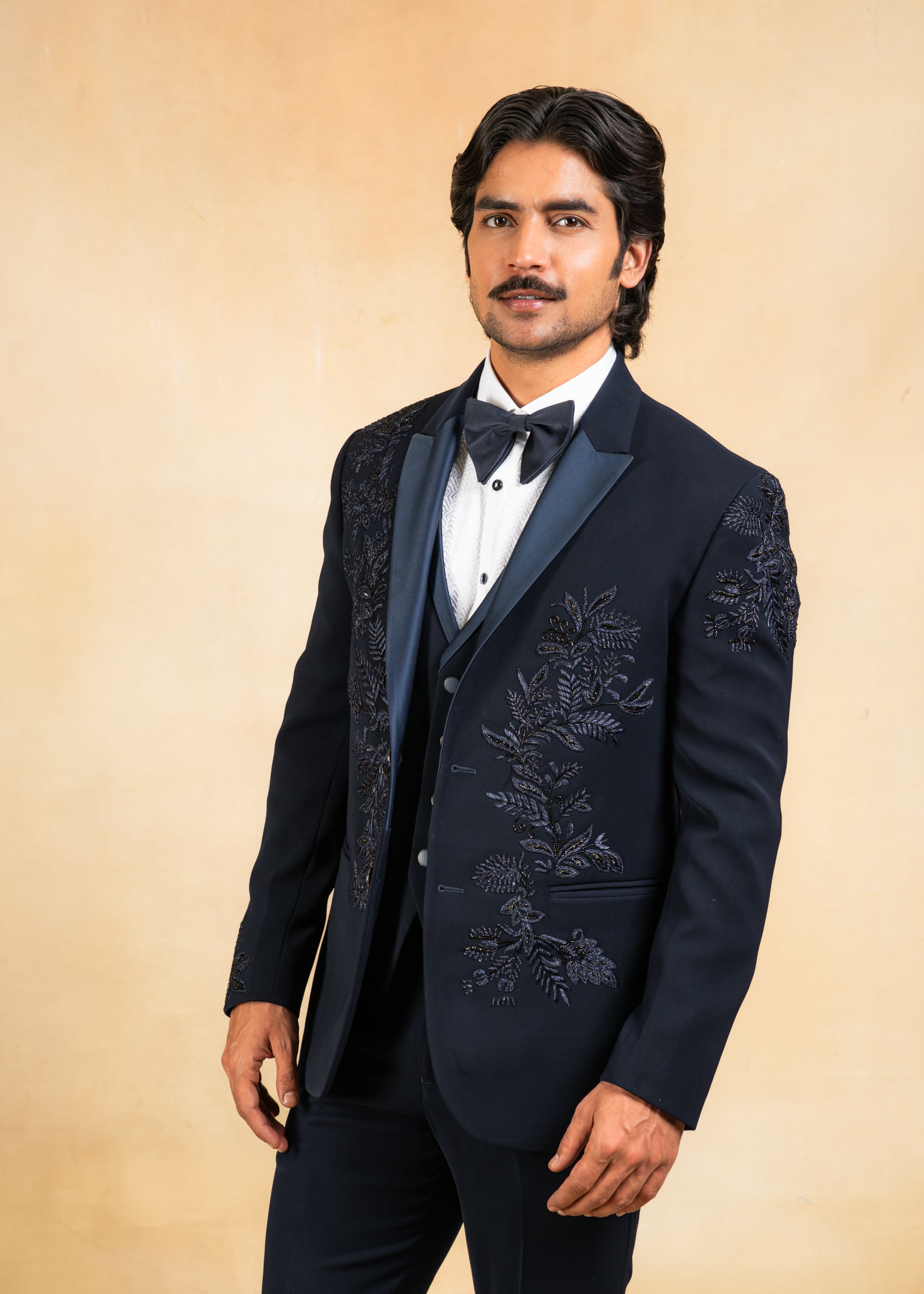 Navy blue hand embroidered tuxedo suit