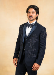 Navy blue hand embroidered tuxedo suit