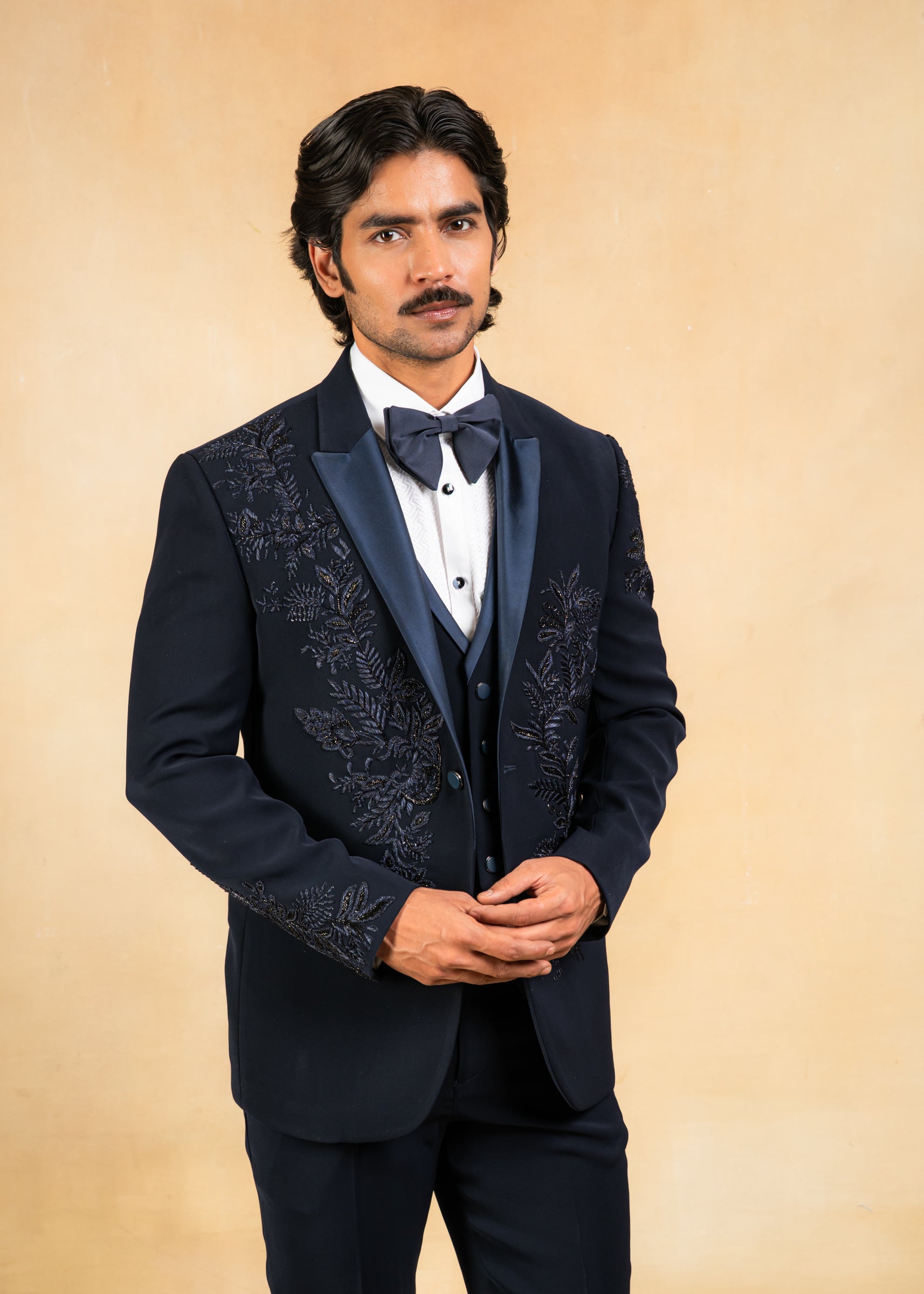 Navy blue hand embroidered tuxedo suit