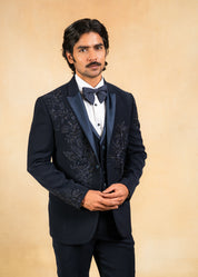 Navy blue hand embroidered tuxedo suit