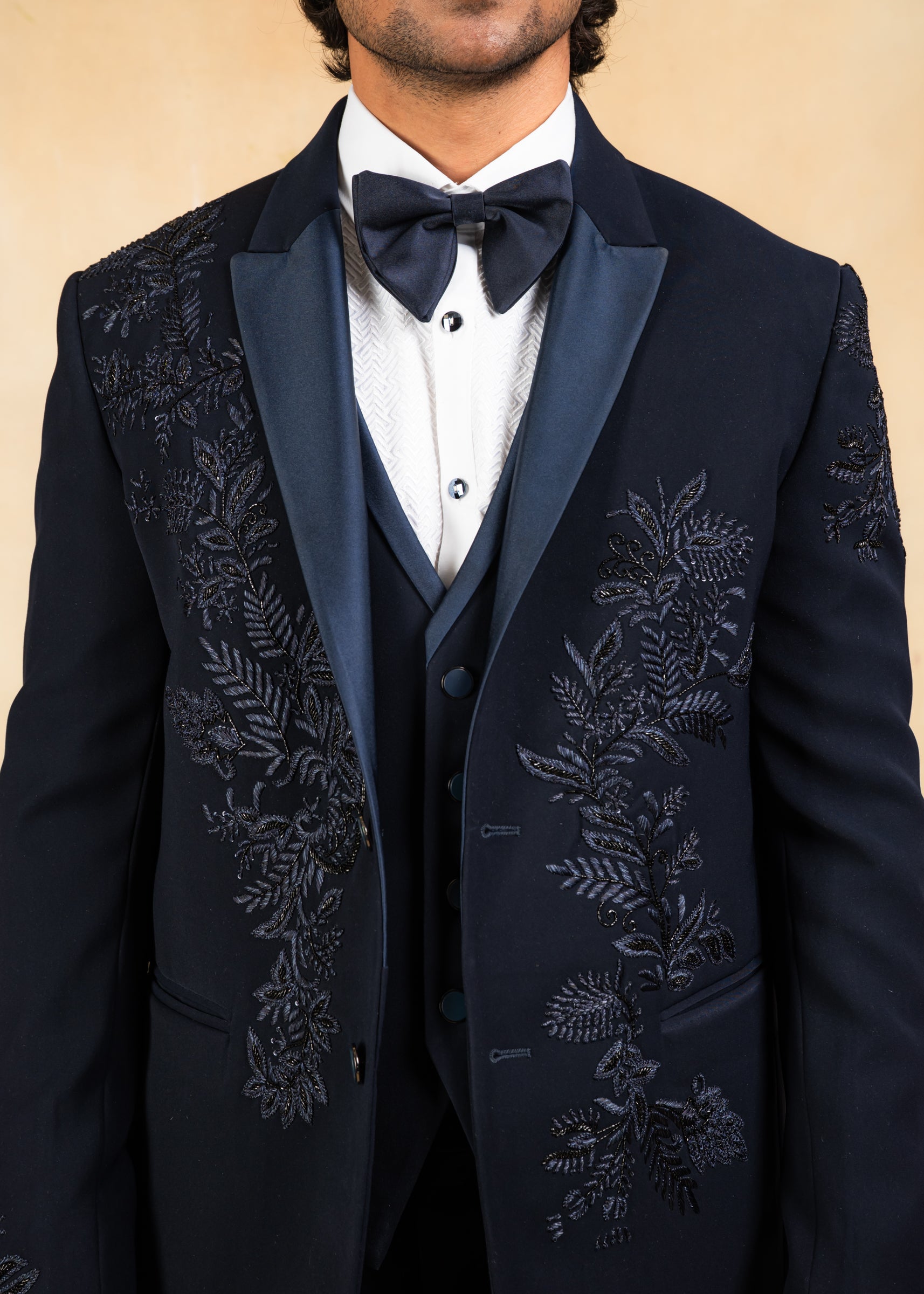 Navy blue hand embroidered tuxedo suit