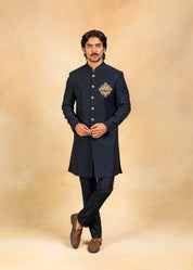 Navy blue indowestern with Brooch and embroidery