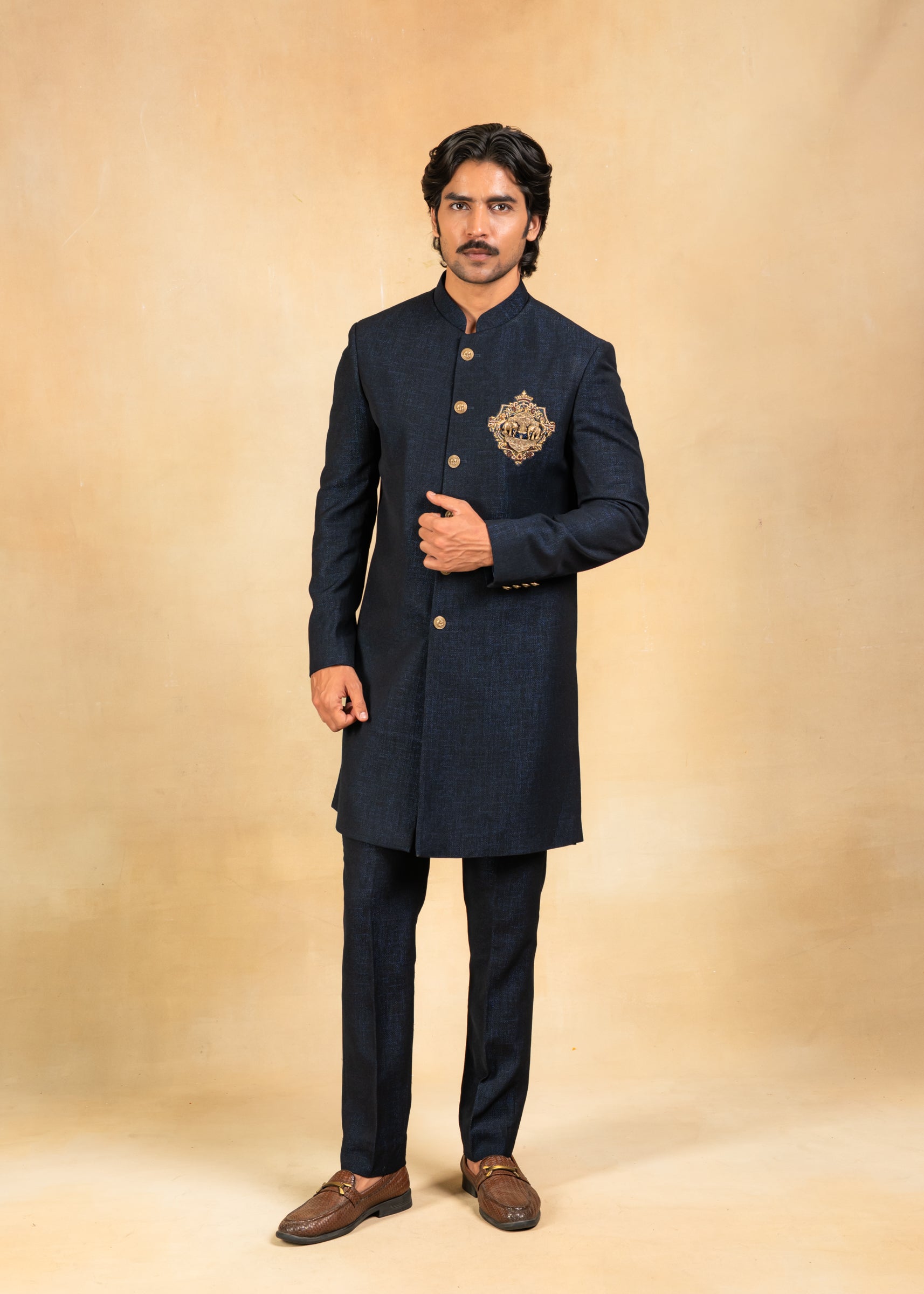 Navy blue indowestern with Brooch and embroidery