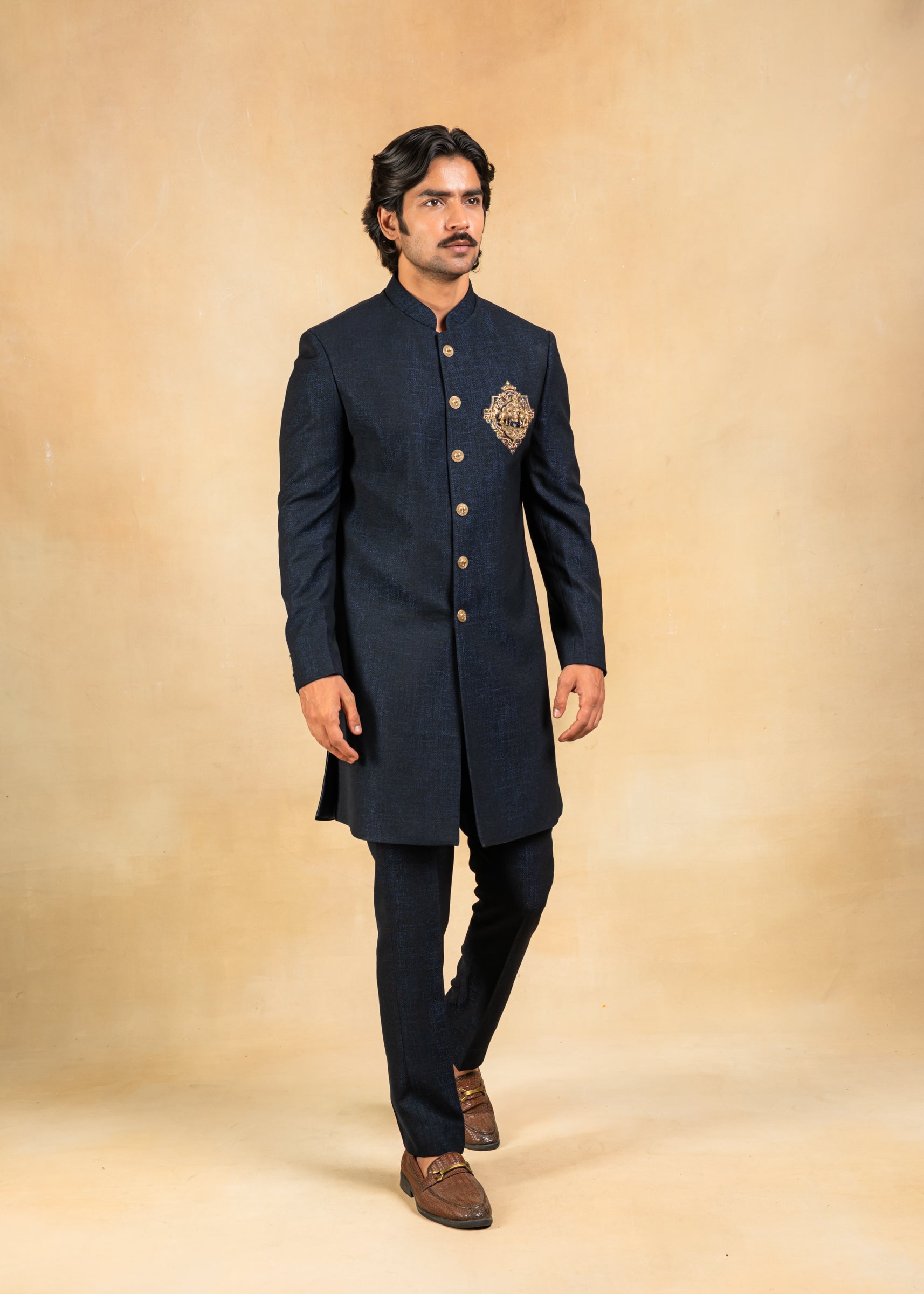 Navy blue indowestern with Brooch and embroidery