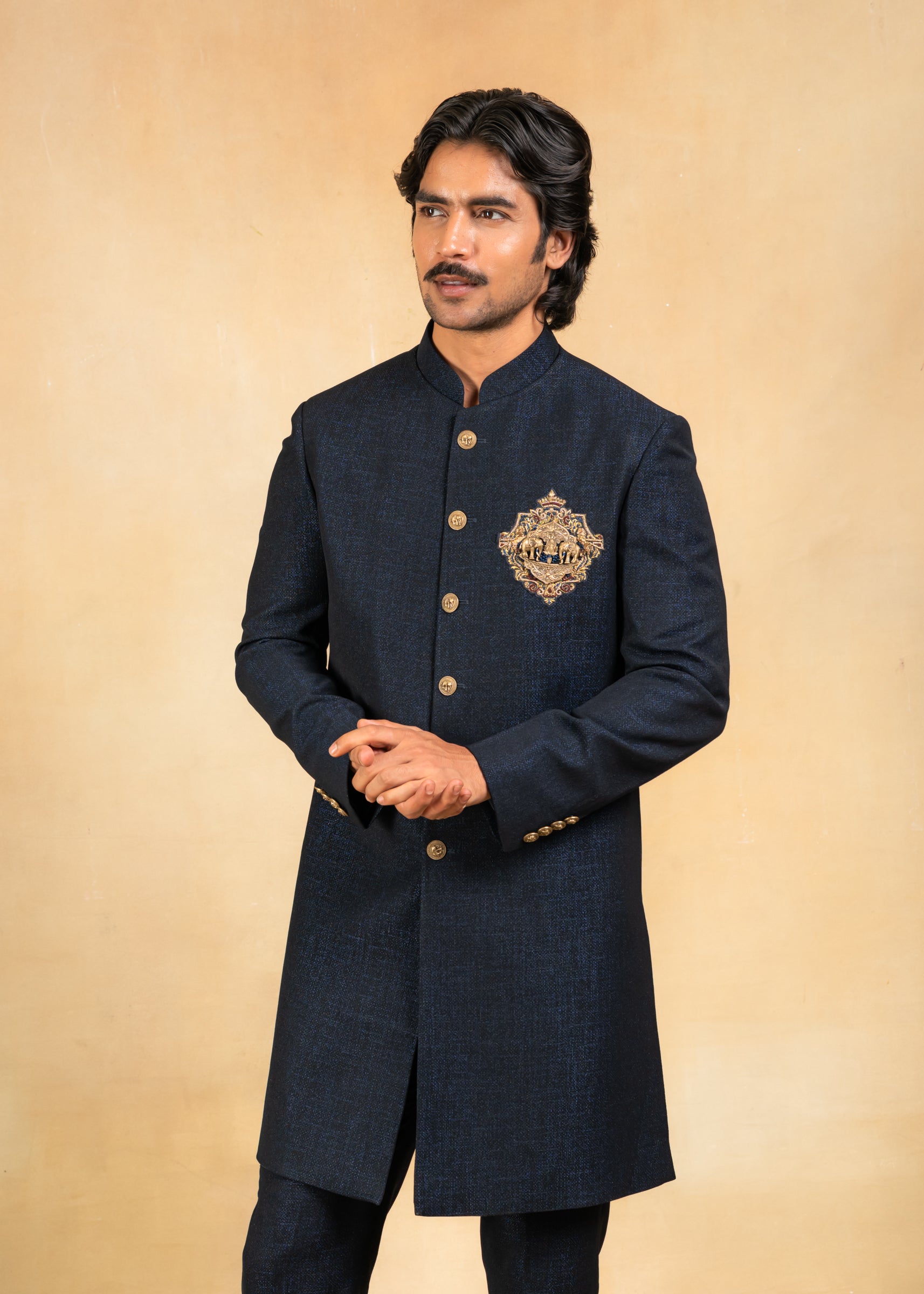 Navy blue indowestern with Brooch and embroidery