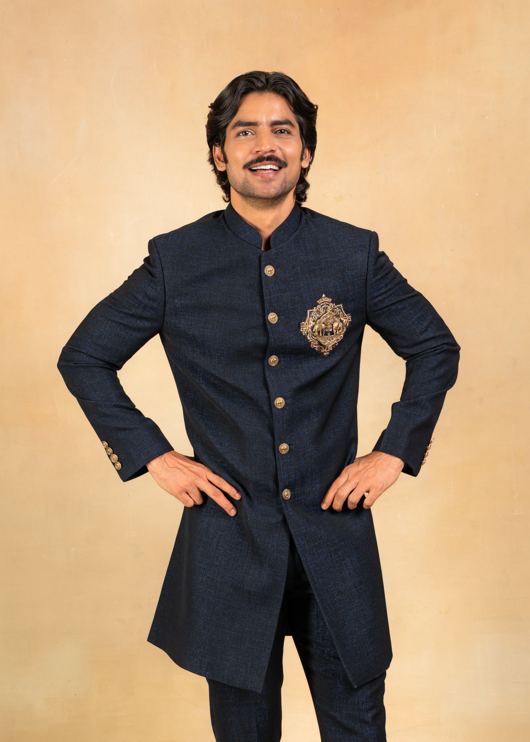 Navy blue indowestern with Brooch and embroidery