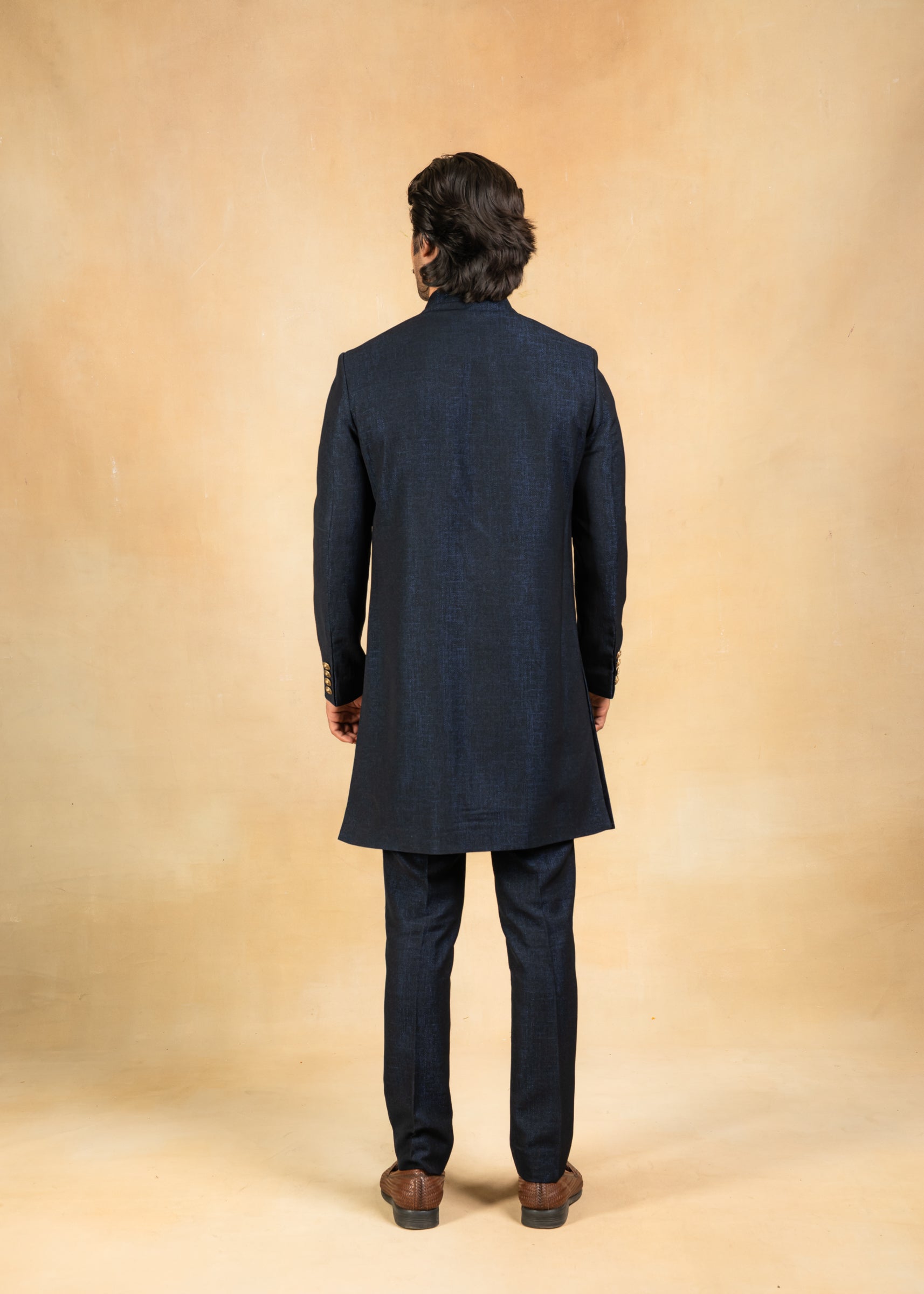 Navy blue indowestern with Brooch and embroidery