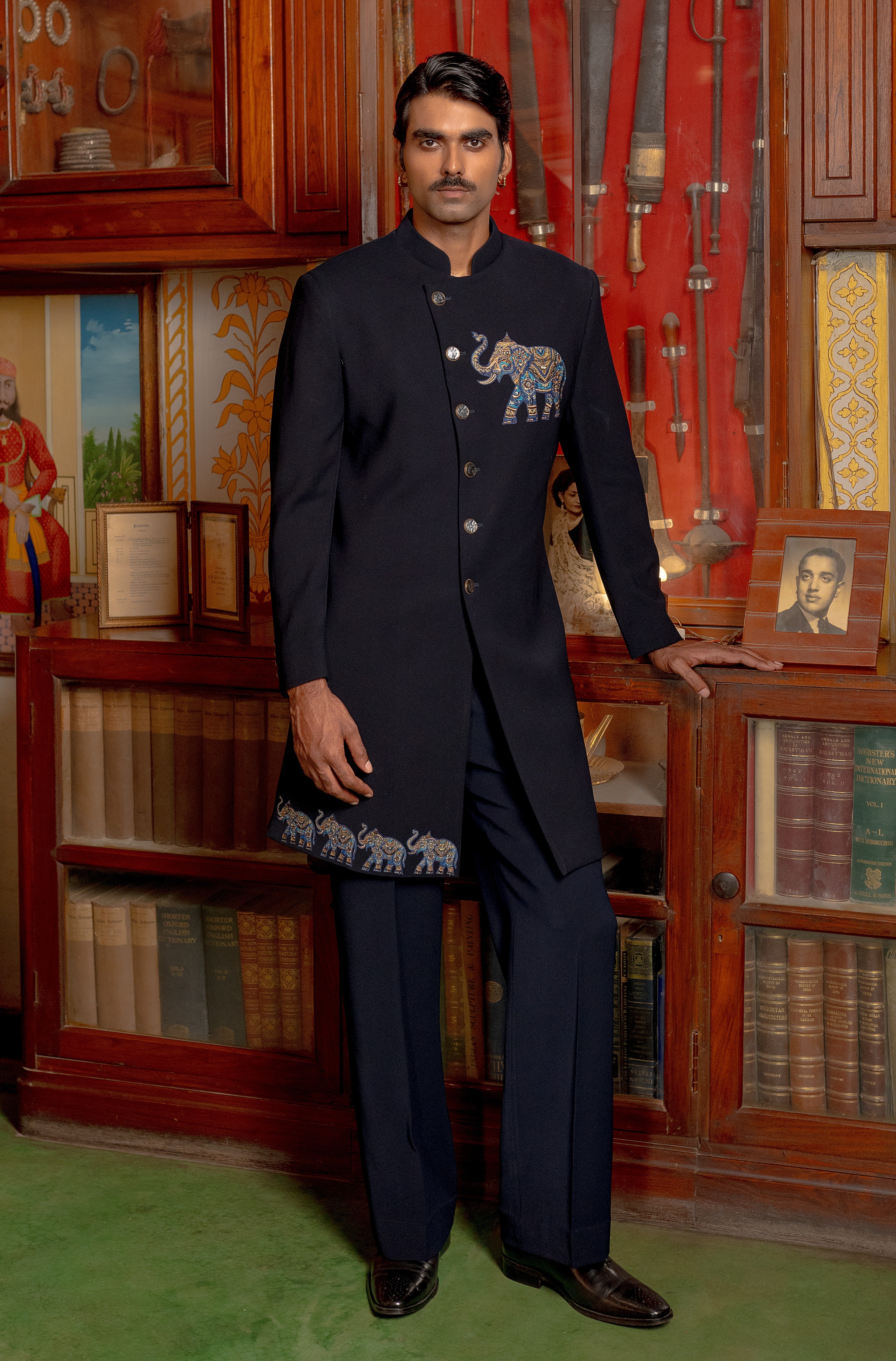Navy blue indowestern with embroidery