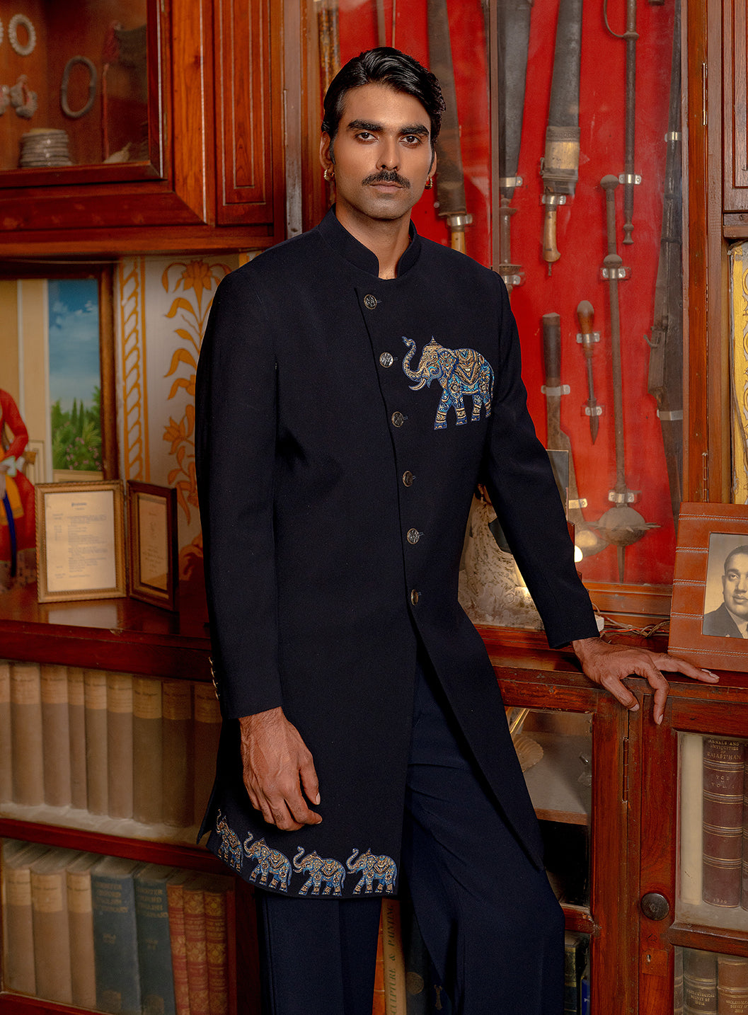 Navy blue indowestern with embroidery