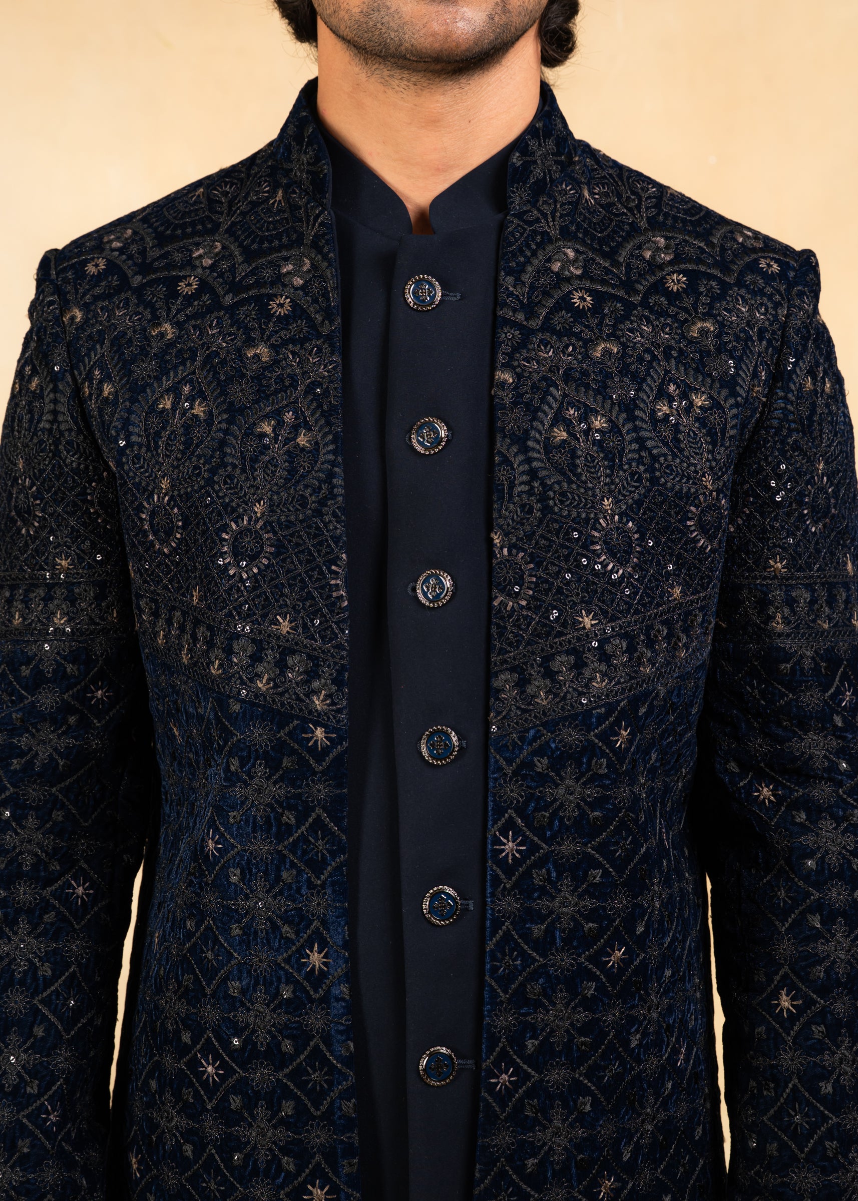 Navy blue open velvet indowestern