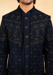 Navy blue open velvet indowestern