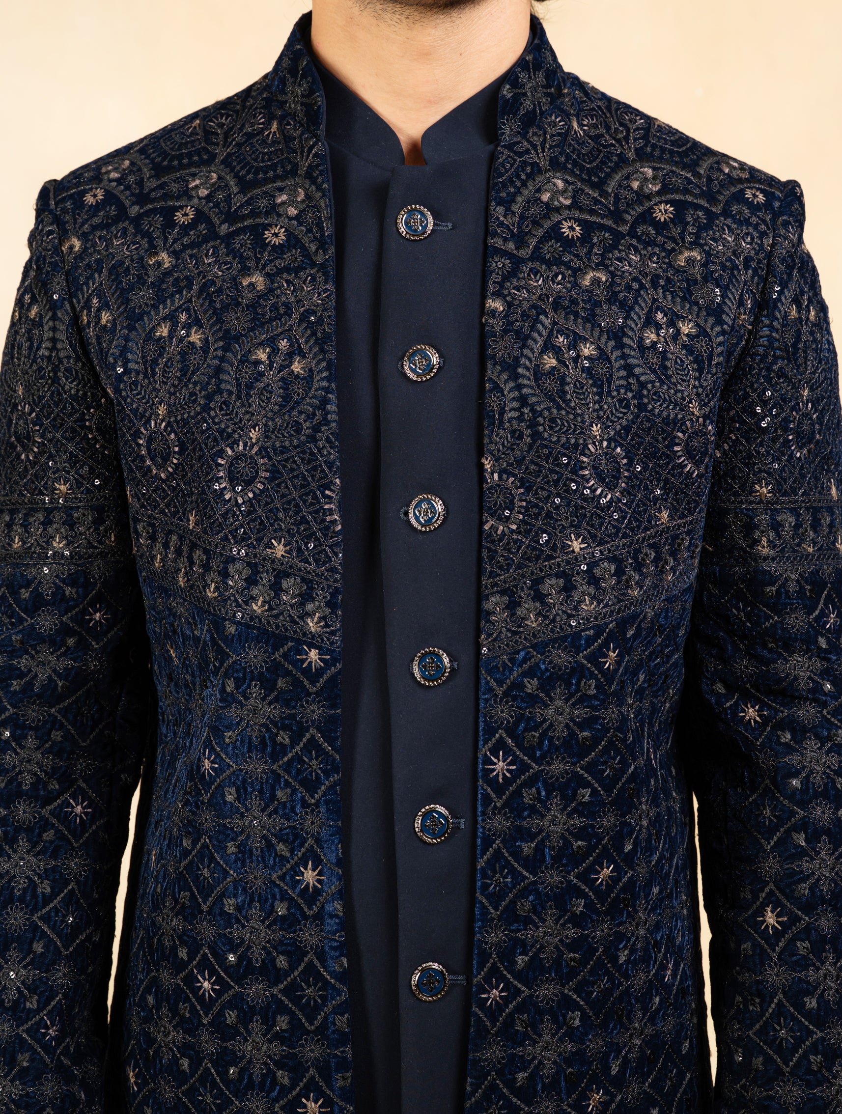 Navy blue open velvet indowestern