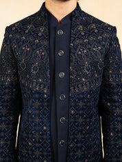 Navy blue open velvet indowestern