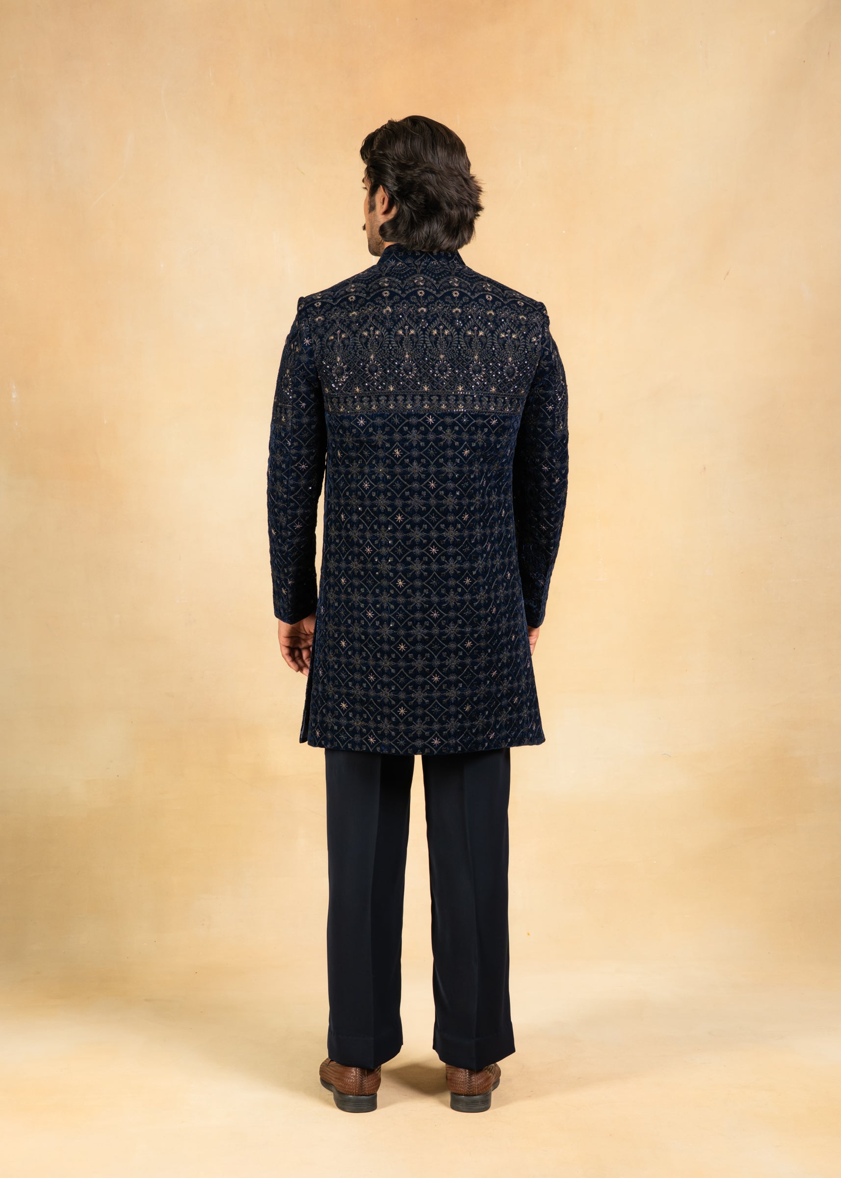 Navy blue open velvet indowestern
