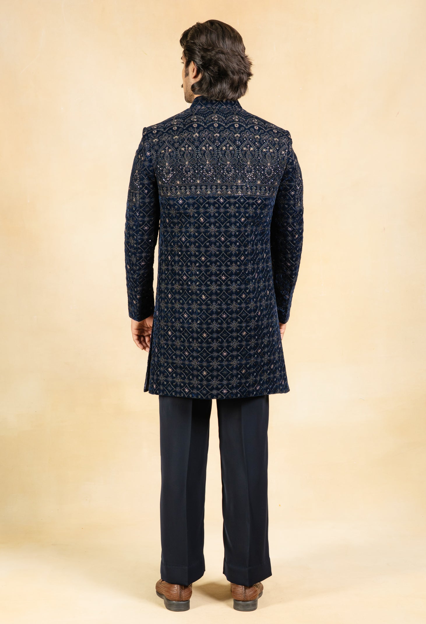Navy blue open velvet indowestern