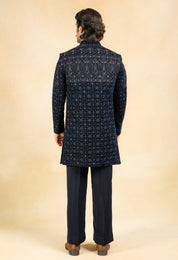 Navy blue open velvet indowestern