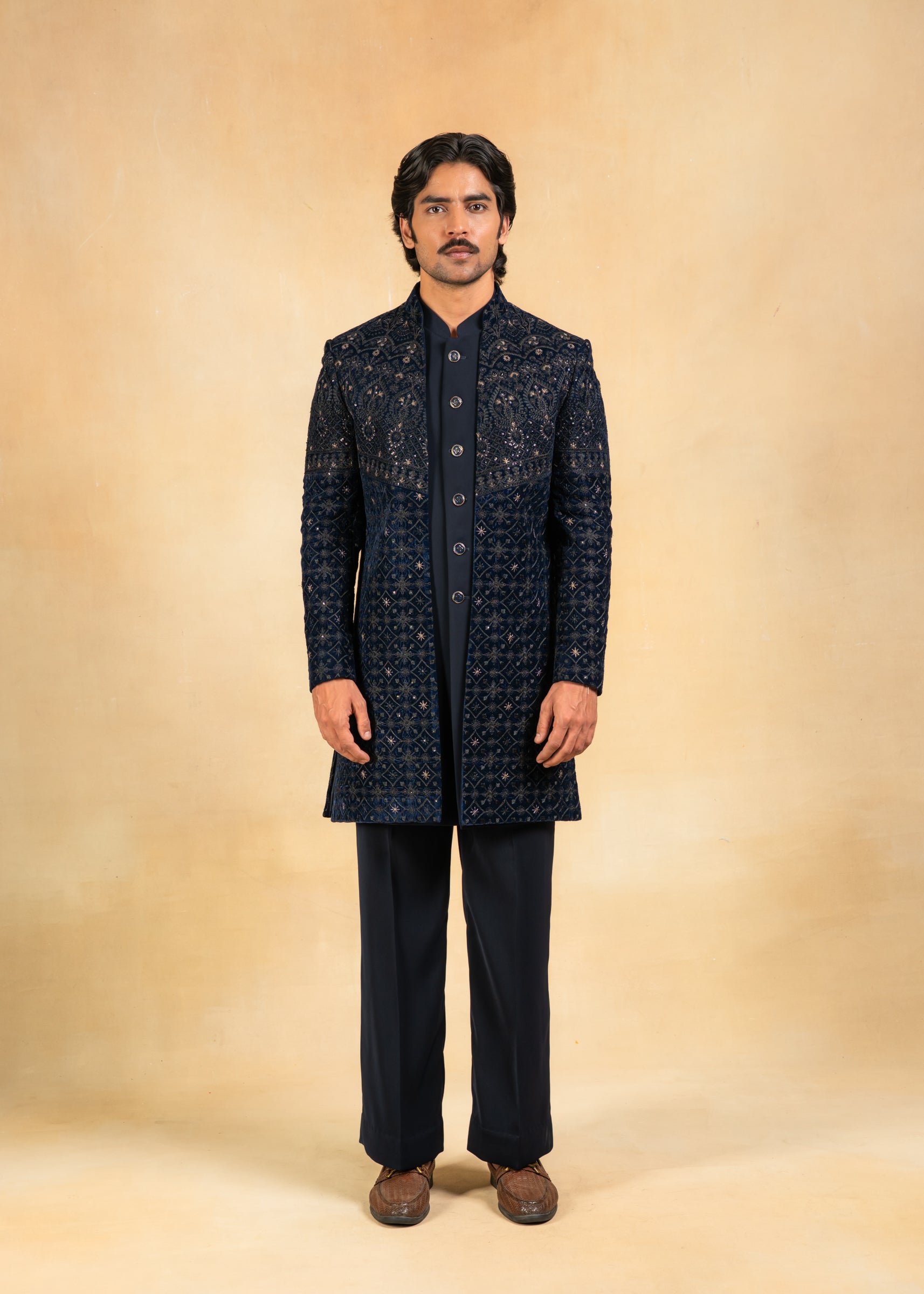 Navy blue open velvet indowestern
