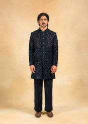 Navy blue open velvet indowestern