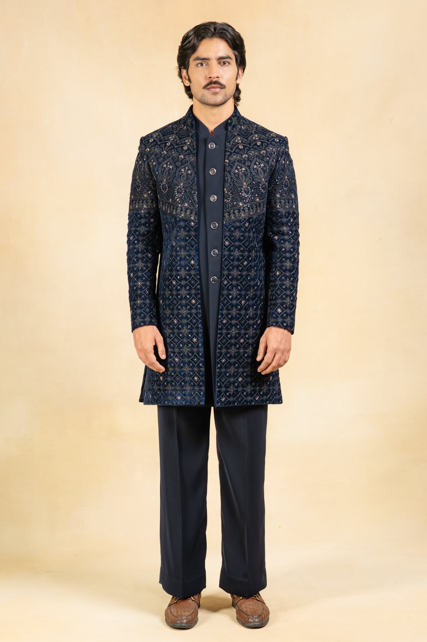 Navy blue open velvet indowestern