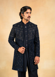 Navy blue open velvet indowestern