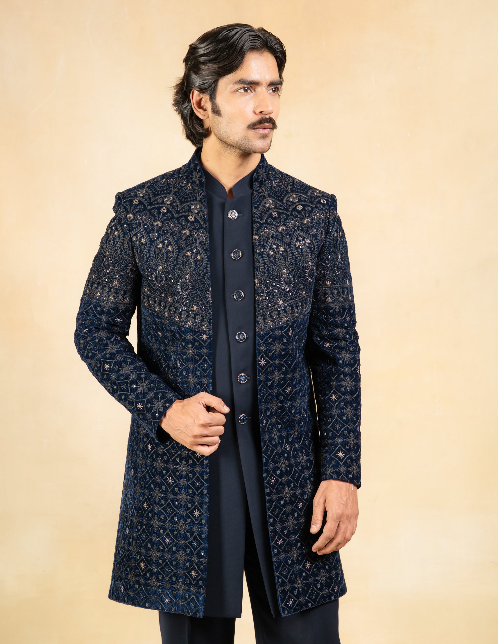 Navy blue open velvet indowestern