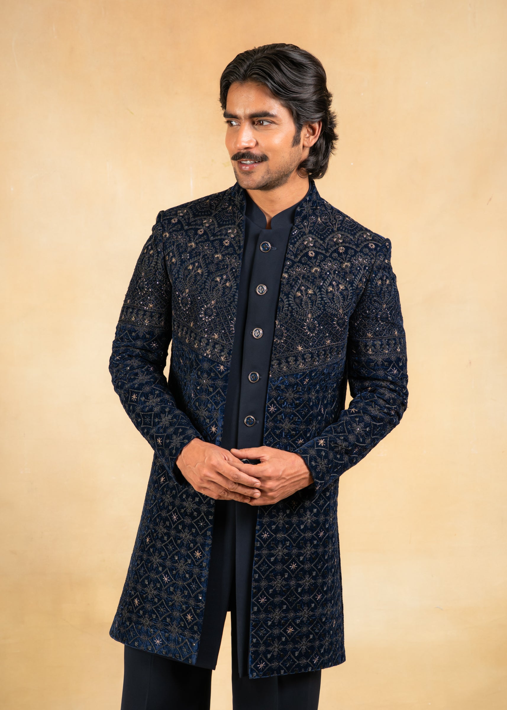 Navy blue open velvet indowestern