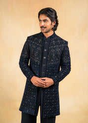 Navy blue open velvet indowestern