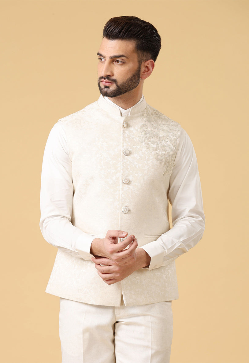 White hand embroidered bundi jacket set