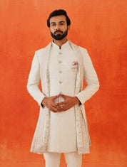 Off-White Embroidered Jacquard Indo-Western with Dupatta - A Luxurious Fusion
