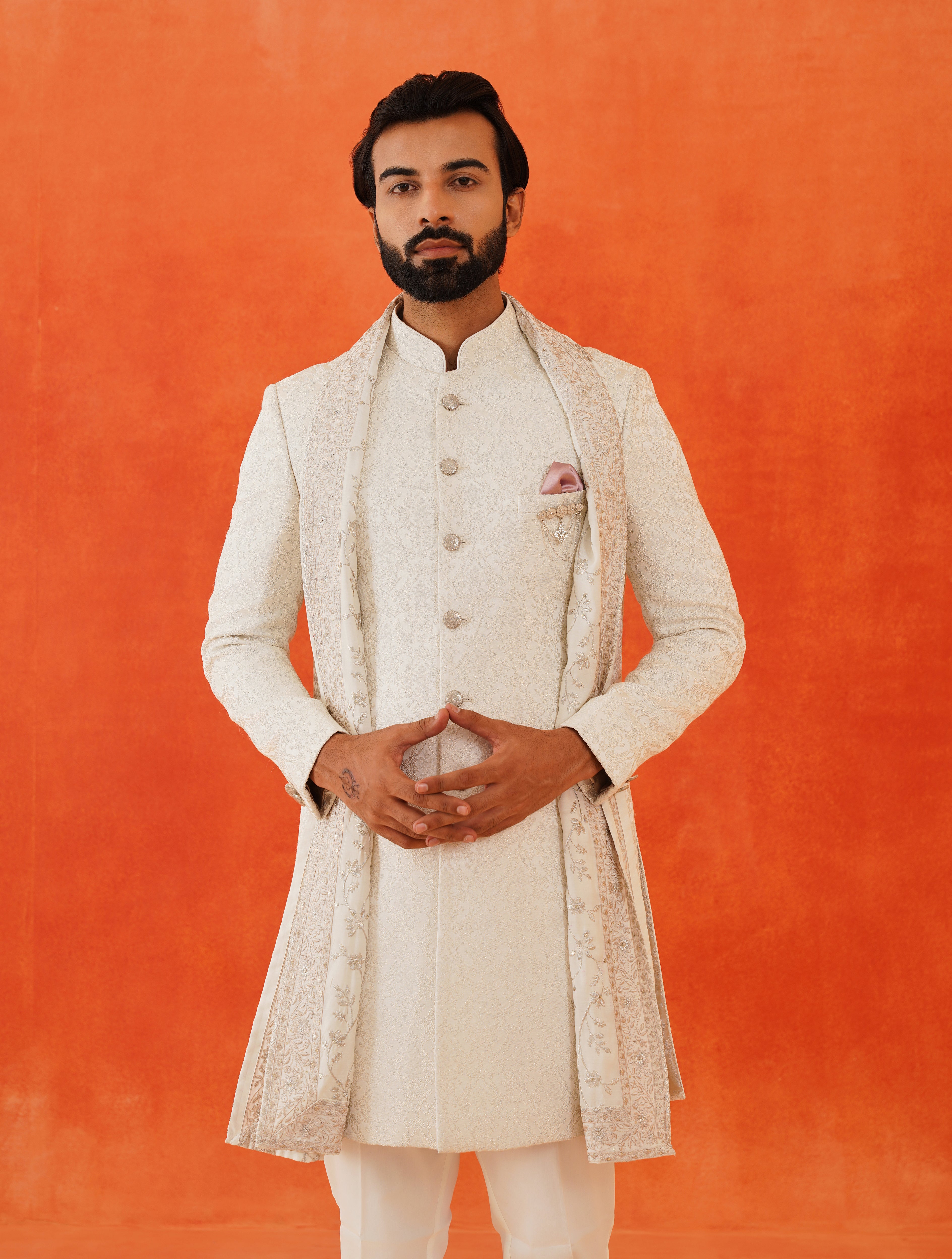 Off-White Embroidered Jacquard Indo-Western with Dupatta - A Luxurious Fusion
