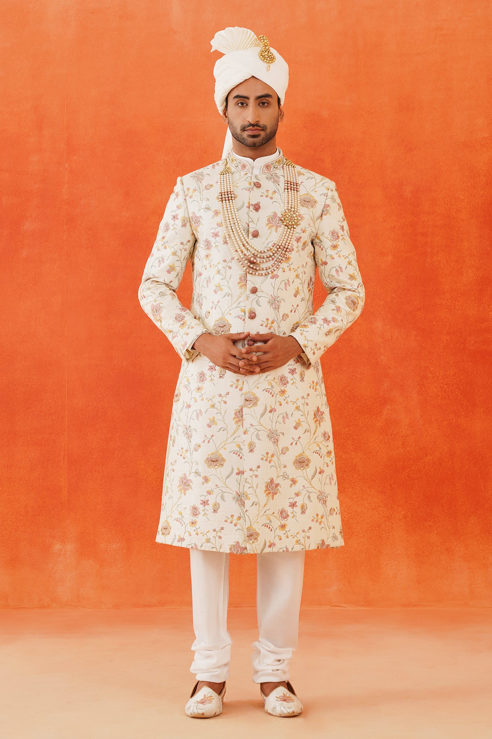 Off-White Floral Embroidered Dupion Silk Sherwani - A Regal Attire
