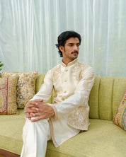 Off-white Raw Silk hand Embroidered kurta jacket set