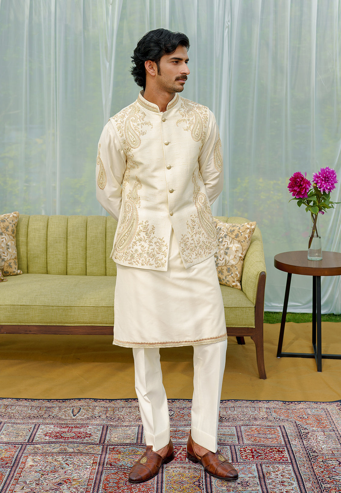 Off-white Raw Silk hand Embroidered kurta jacket set