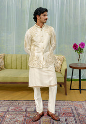 Off-white Raw Silk hand Embroidered kurta jacket set