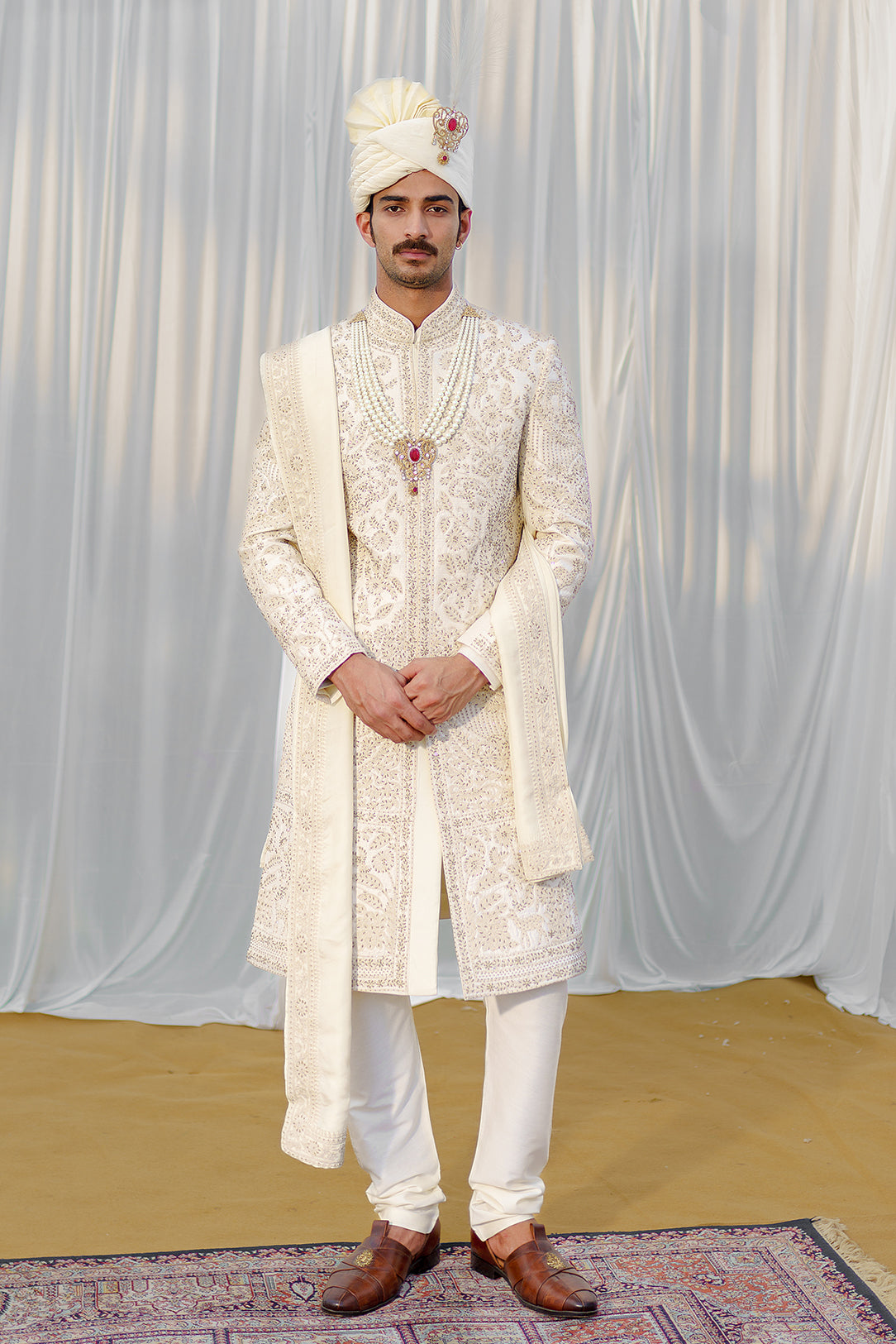 Off-white Silk Sherwani with Stole