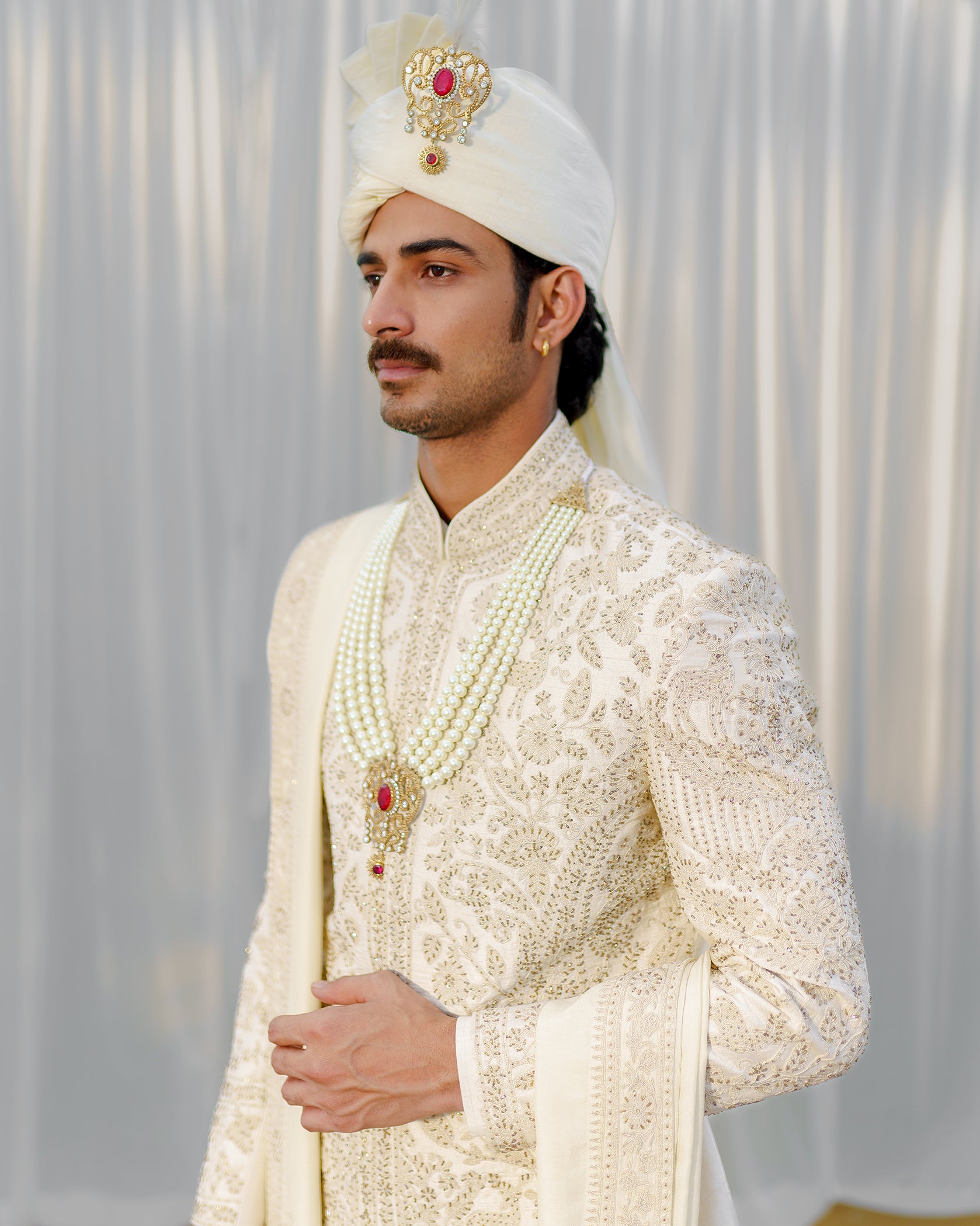 Off-white Silk Sherwani with Stole
