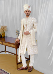Off-white Silk Sherwani with Stole