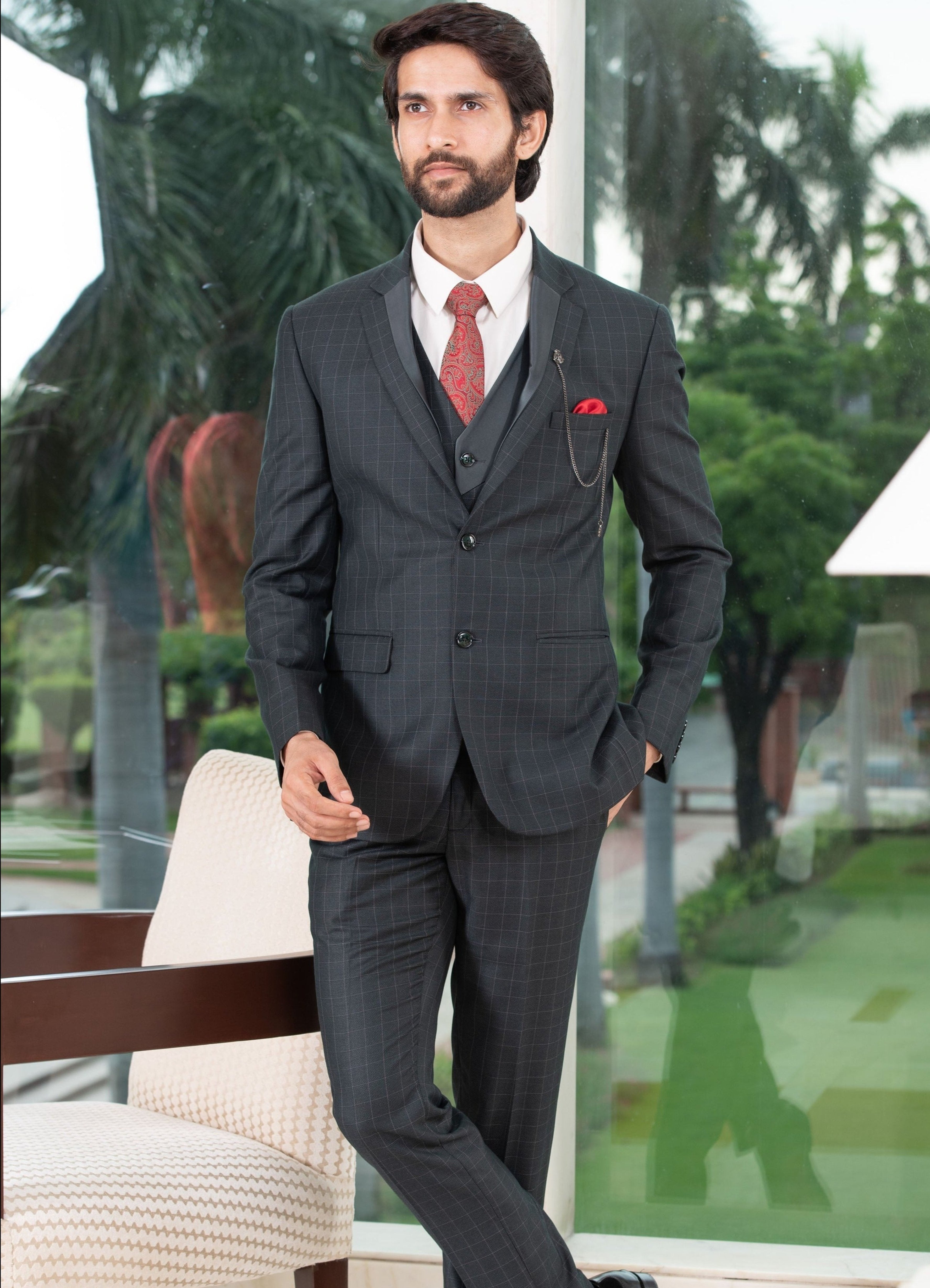 Olive Green Designer Check Suit - A Luxurious Formal Wear
