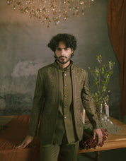 Olive green Open Bandhgala with Tonal Embroidery