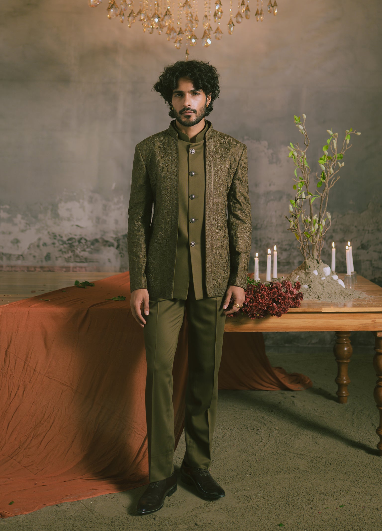 Olive green Open Bandhgala with Tonal Embroidery