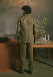 Olive green Open Bandhgala with Tonal Embroidery