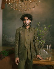 Olive green Open Bandhgala with Tonal Embroidery