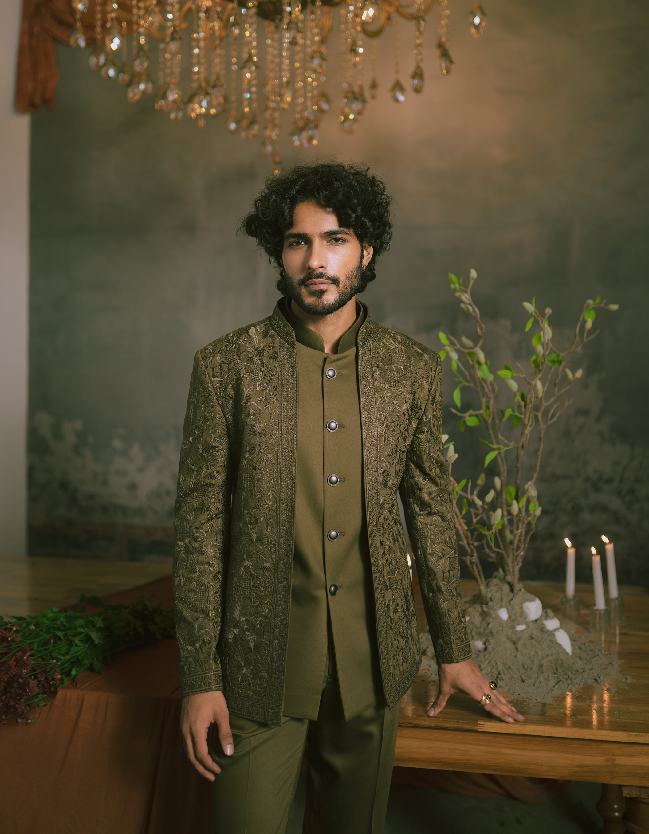 Olive green Open Bandhgala with Tonal Embroidery