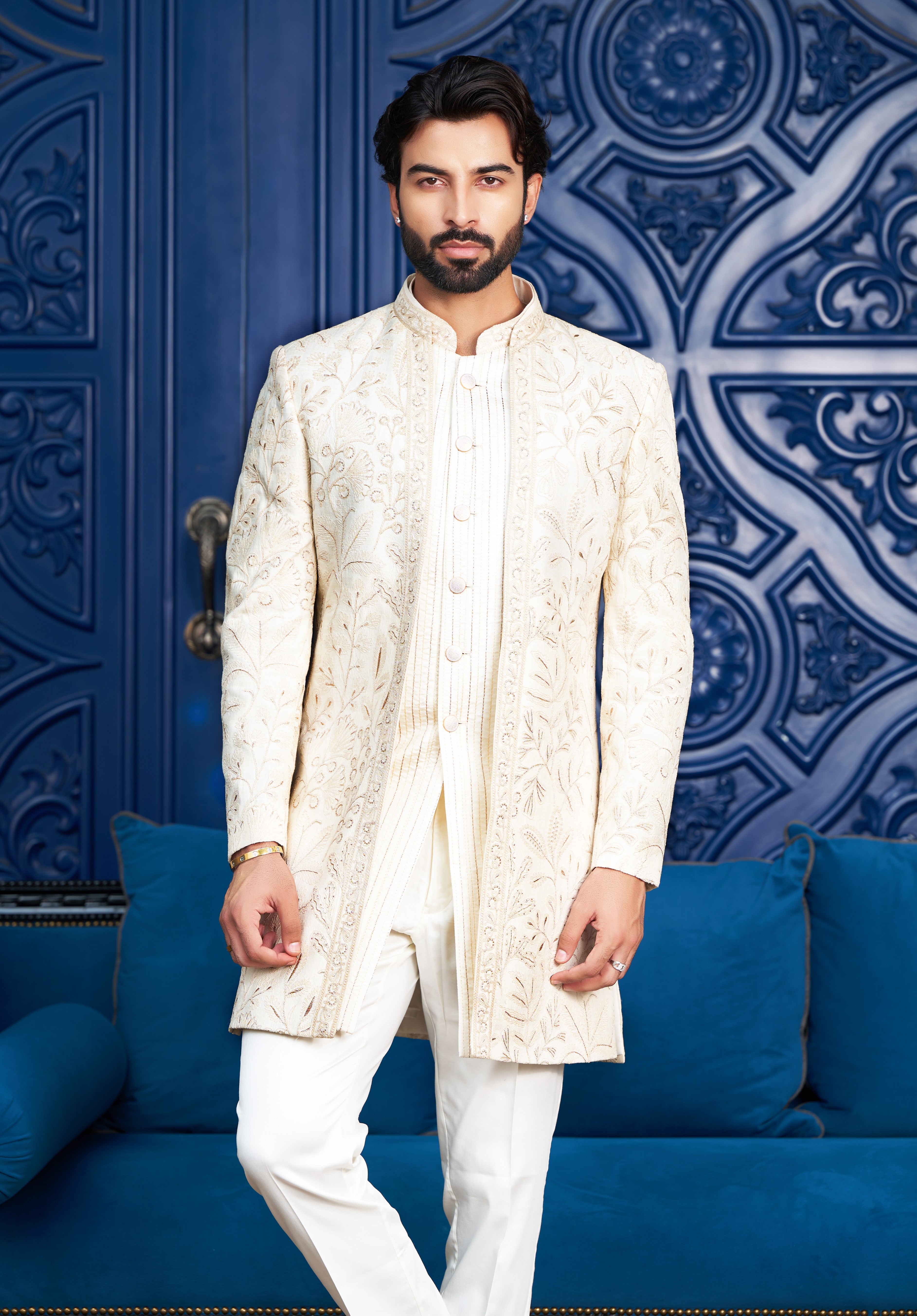 A versatile off-white open indo-western with dori work, suitable for various occasions.
